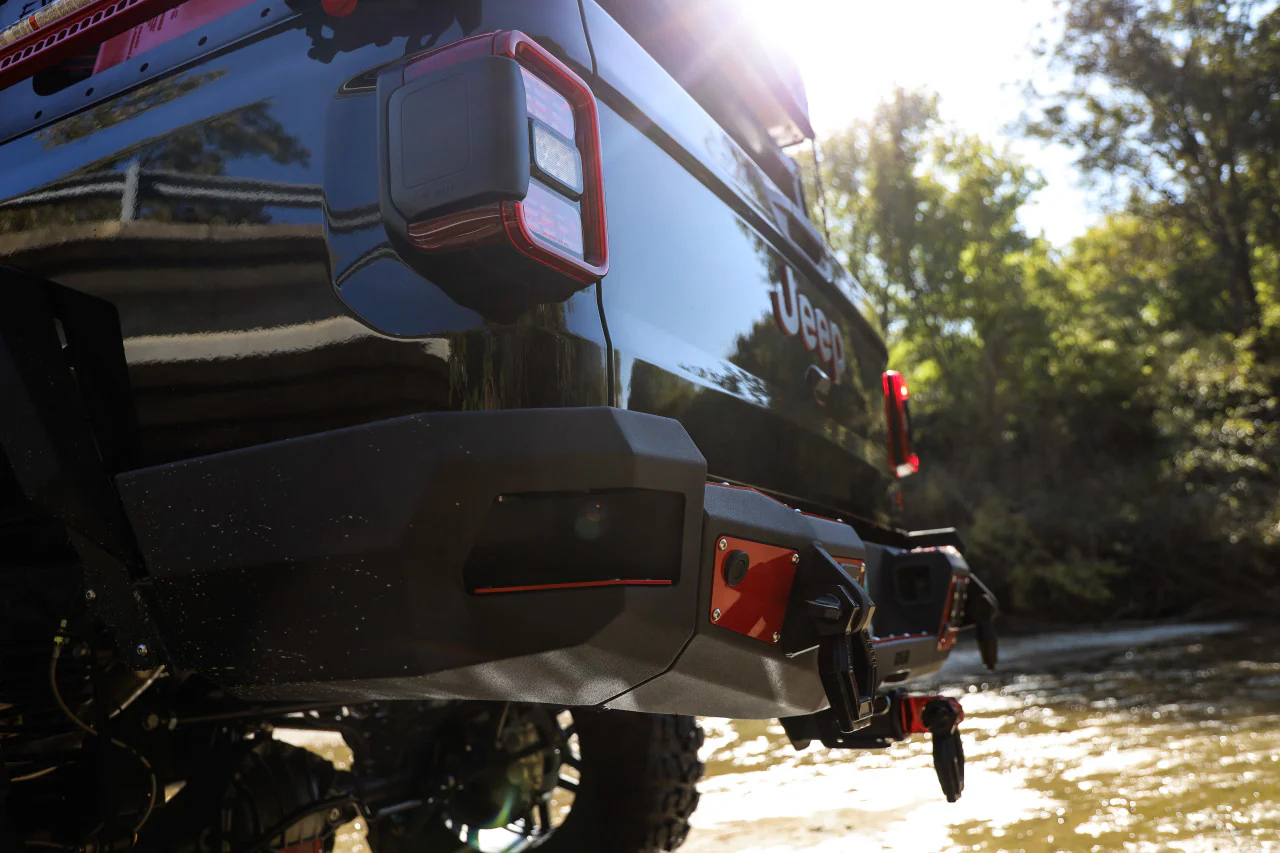 2020-2025 Jeep Gladiator Rear Bumper Full width Sensor Cutouts Reverse Light Cutouts Texture Black Powdercoat Bodyguard Bumpers - 53101T - Bodyguard Bumpers - Image 4