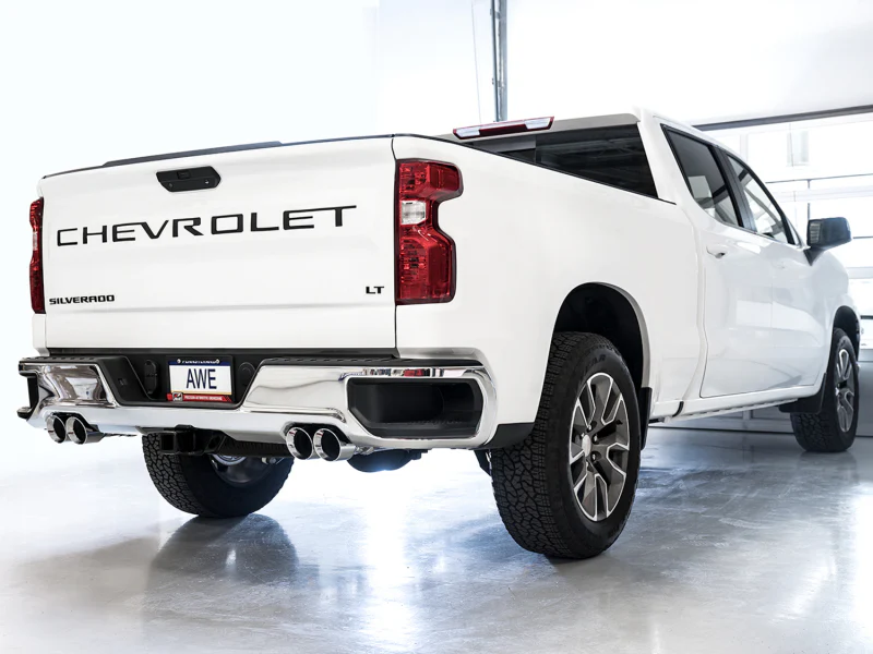 AWE Tuning 4th Gen GM 1500 5.3L 0FG Catback Split Rear Exit (w/ Bumper Cutouts) - Quad Chrome Tips - Image 4