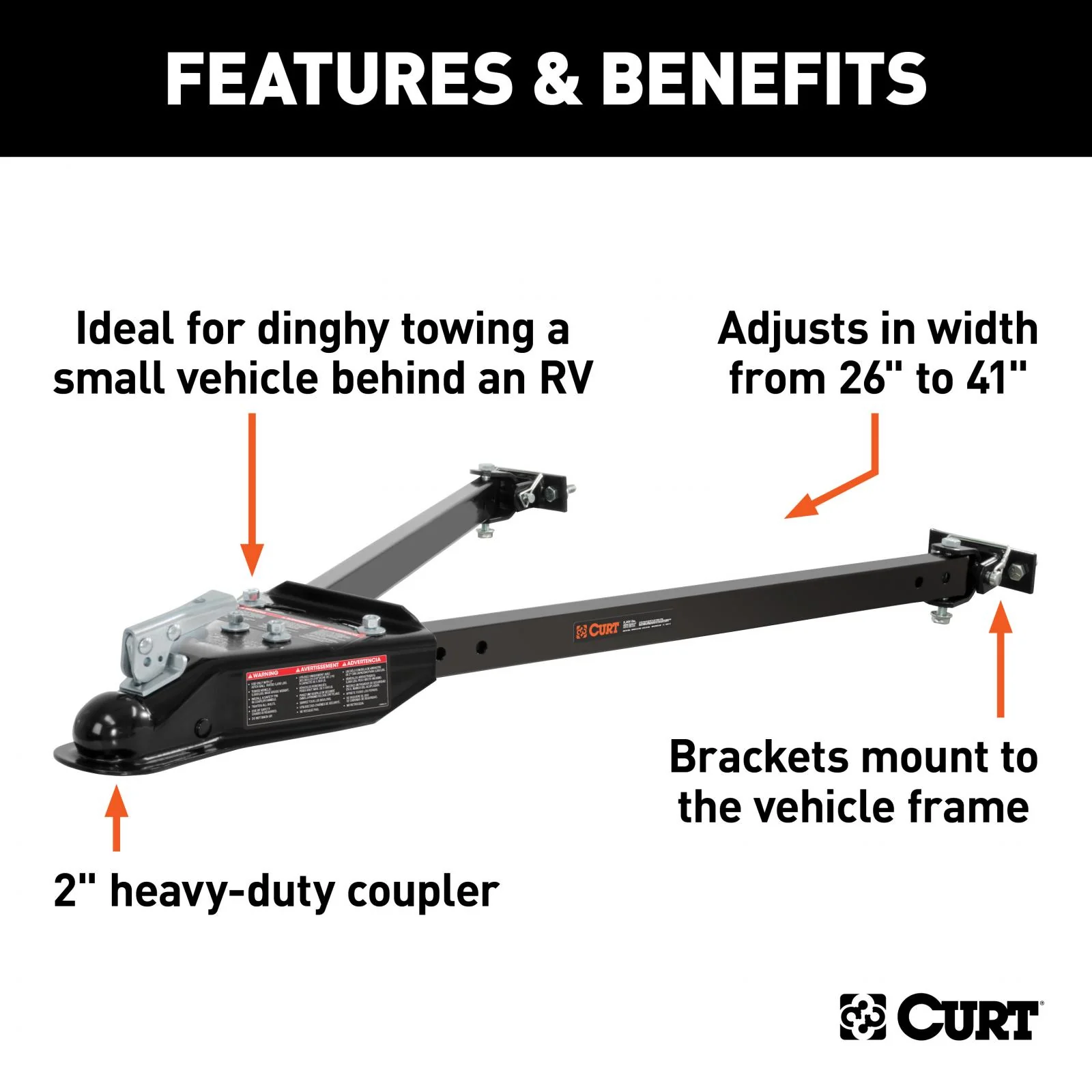 Curt Tow Bar with Adjustable-Width Arms Car Mount 2 Inch Ball 5000 lbs. Safety Cables and Coupler Lock Sold Separately) RockJock 4X4 - RJ-19745 - Image 2