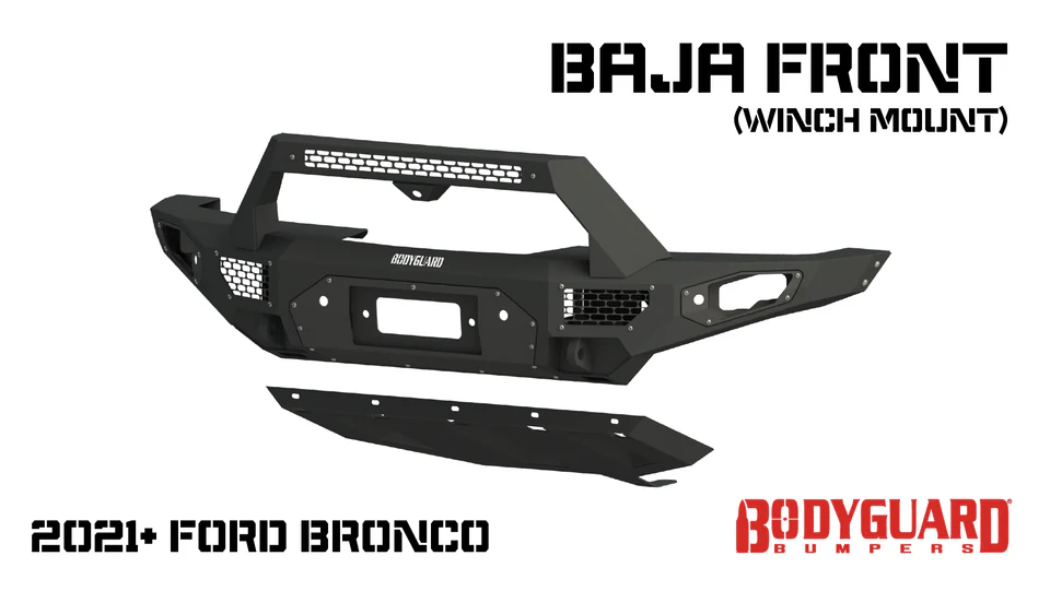 Freedom Front Bumper Baja For 2021-2025 Ford Bronco Winch Mount Sensor Cutouts With Camera Harness + Pod Texture Black Powdercoat Bodyguard Bumpers - LBF21MYTNB - Bodyguard Bumpers