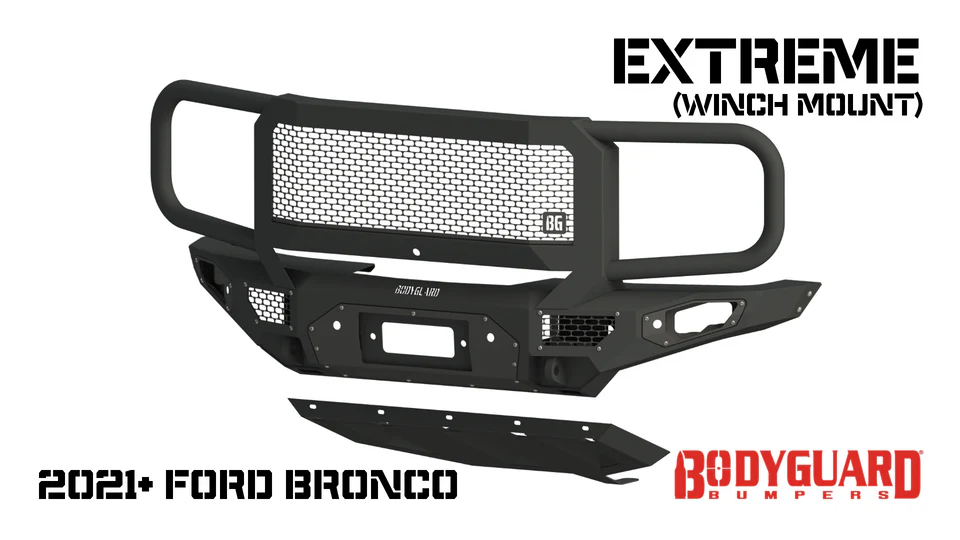 Freedom Front Bumper Extreme For 2021-2025 Ford Bronco Raptor Only Winch Mount Sensor Cutouts With Camera Harness Texture Black Powdercoat Bodyguard Bumpers - LEF21MYTNH-R - Bodyguard Bumpers