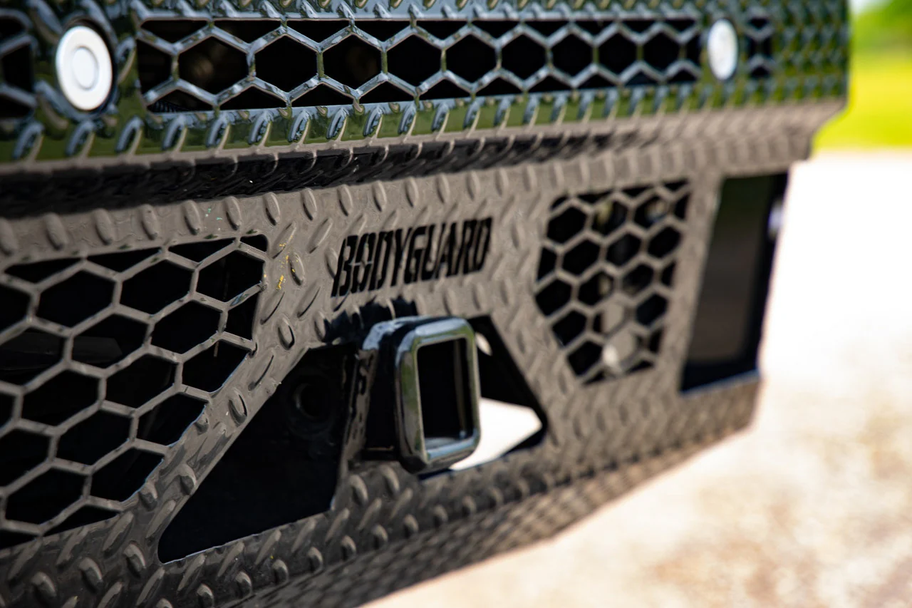 FT Front Bumper Extreme For 2023-2026 Ford F550 Superduty Sensor Cutouts Fog Cutouts Receiver With Mesh Grill With Camera Harness Gloss Black Powdercoat Fits 450/550 Trim Bodyguard Bumpers - JEF23DYGMH - Bodyguard Bumpers - Image 4