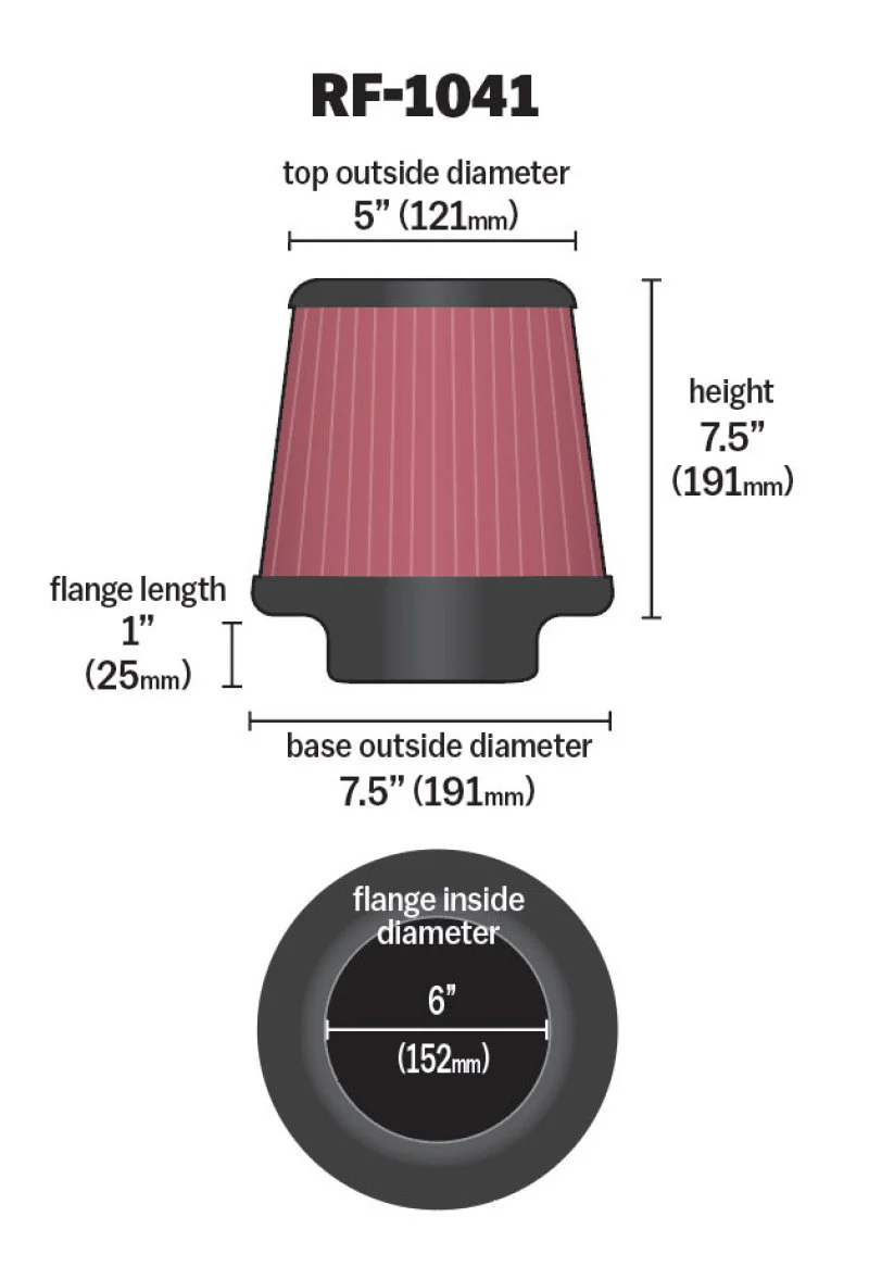 K&N Round Tapered Universal Air Filter 6 inch Flange 7 1/2 inch Base 5 inch Top 7 1/2 inch Height - Image 2