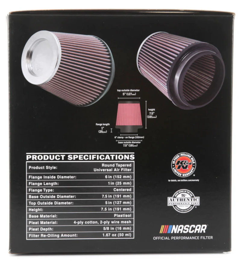 K&N Round Tapered Universal Air Filter 6 inch Flange 7 1/2 inch Base 5 inch Top 7 1/2 inch Height - Image 24