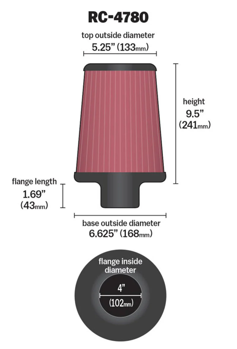 K&N Universal Filter Round Tapered 4in FlangeID / 6.625in Base OD / 5.25in Top OD / 9.5in Height - Image 4